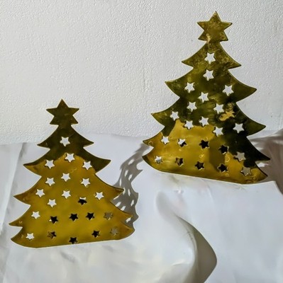 Brass Christmas Tree Tea Light Holders Star Cut Outs 6'' Vintage