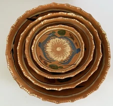 Vtg Mexican Nesting Bowls Rustic Tlaquepaque Pottery-Floral Sunburst-Set of 4-EC