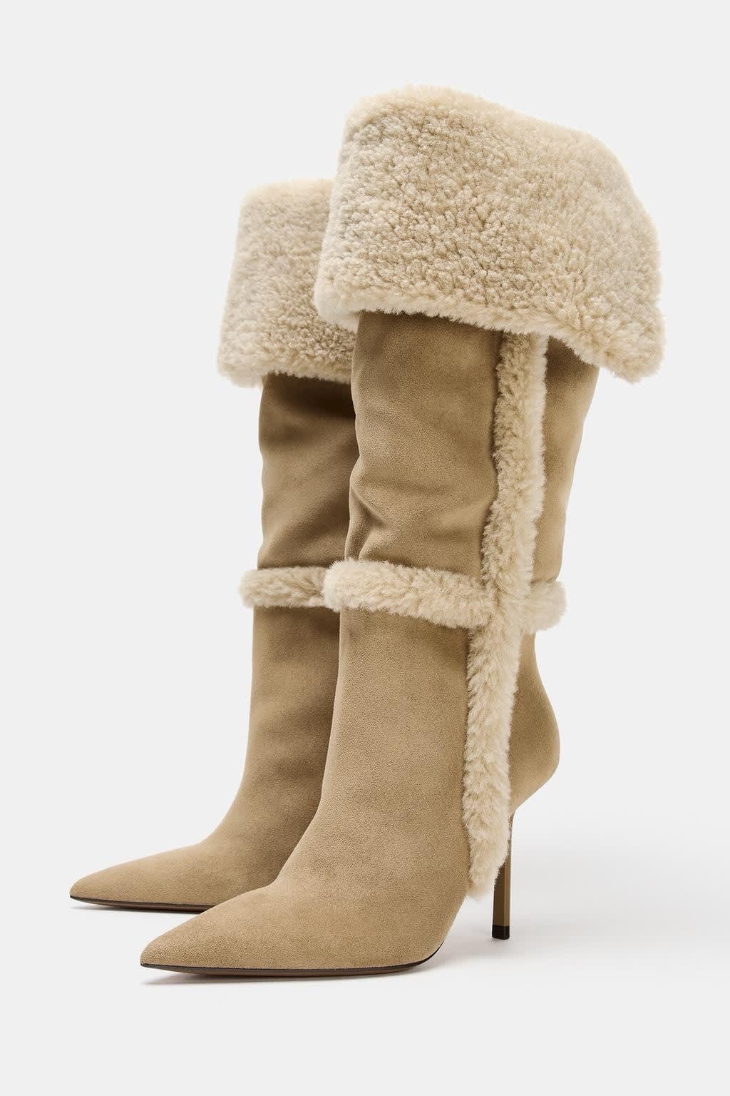 Botas de aguja hasta la rodilla con ribete de piel sintética beige claro de Zara para mujer US 11 EUR 42