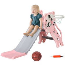3 in 1 Toddler Slide for Indoors with Basketball Hoop, Pink