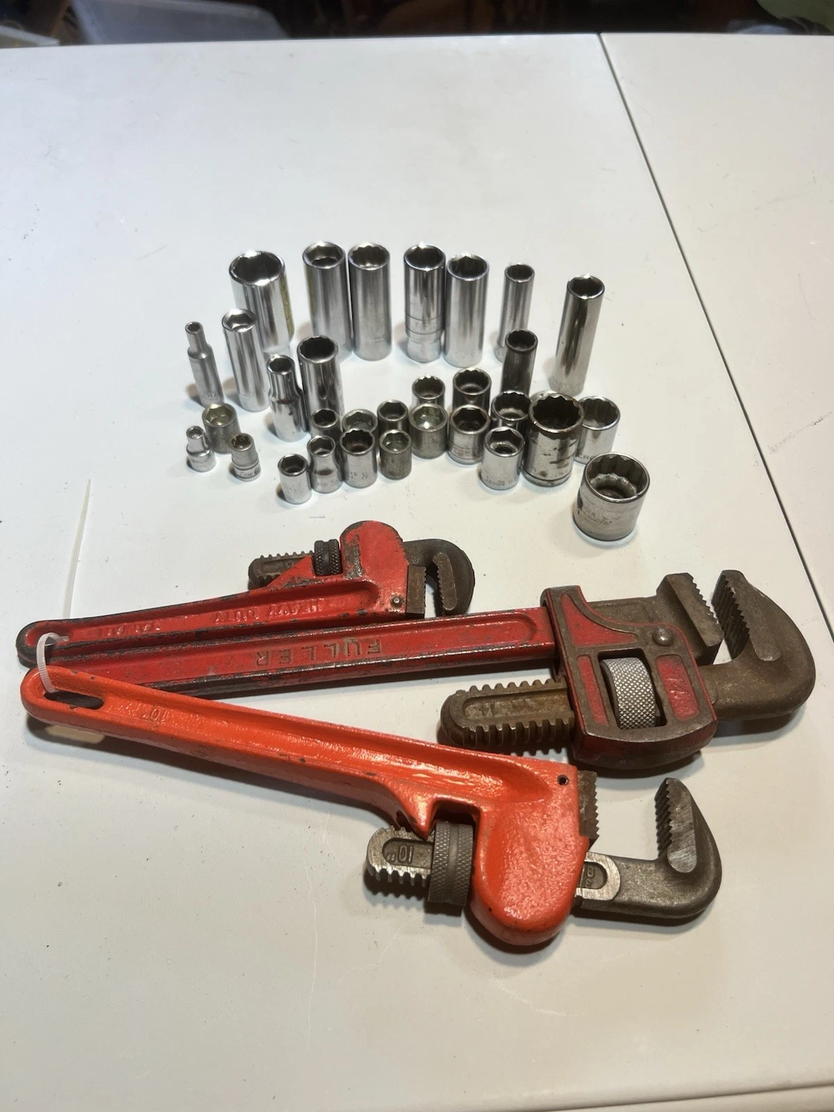 Vintage Fuller Pipe Wrench & Mixed Socket Lot Mechanic Hand Tools USA