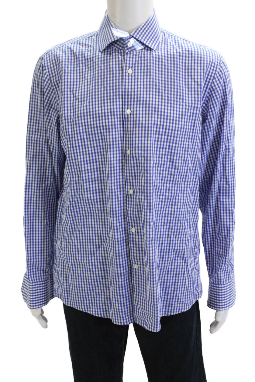 Boss Hugo Boss Mens Blue Check Button-Down Dress Shirt 100% Cotton Size 16