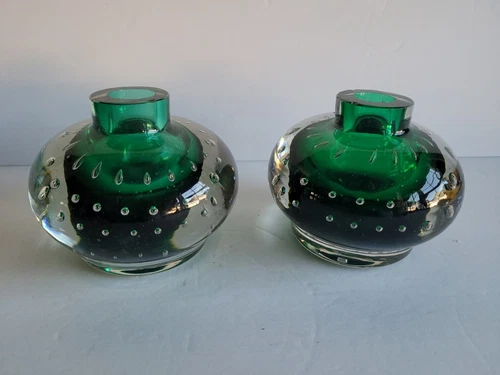 Blenko Art Glass Erikson Green Bullicante/Bubble 2 Candle Holders