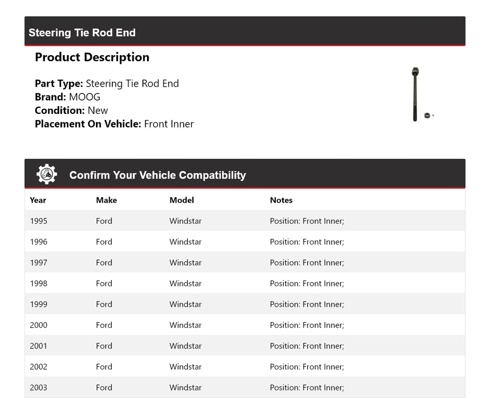 适用于 1995 - 2003 年福特 Windstar 转向领带杆端前内 MOOG 1996 1997 — 第 2/4 张图片