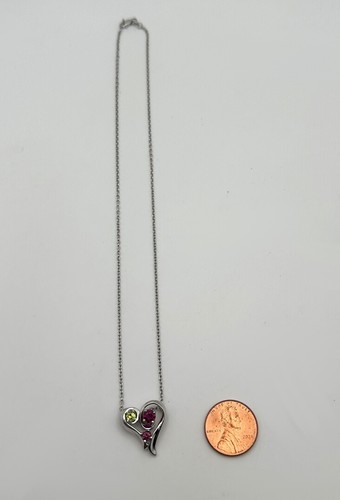 14k White Gold Chain & Heart Pendant with Peridot, Ruby, Pink Tourmaline 16" - Picture 13 of 13