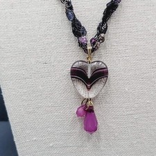Purple Necklace Art Glass Heart Pendant 20"