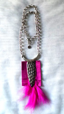 SCOOTER BIJOUX COLLIER SAUTOIR ARGENTÉ CUIR PLUMES ROSE NEUF