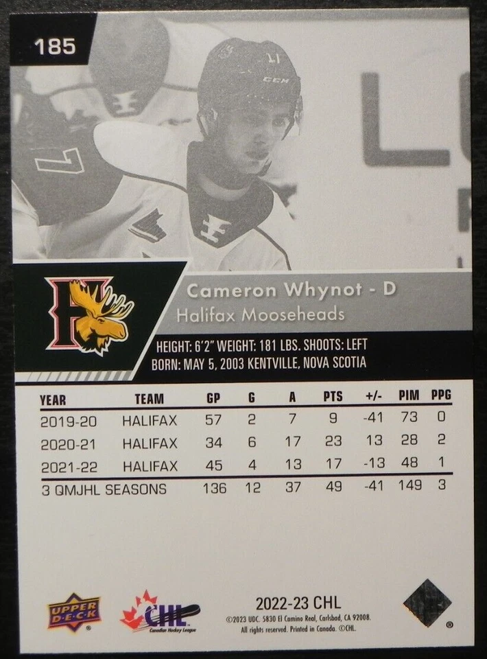 2022-23 22/23 Upper Deck CHL #185 Cameron Whynot Halifax Mooseheads - Image 2 of 2