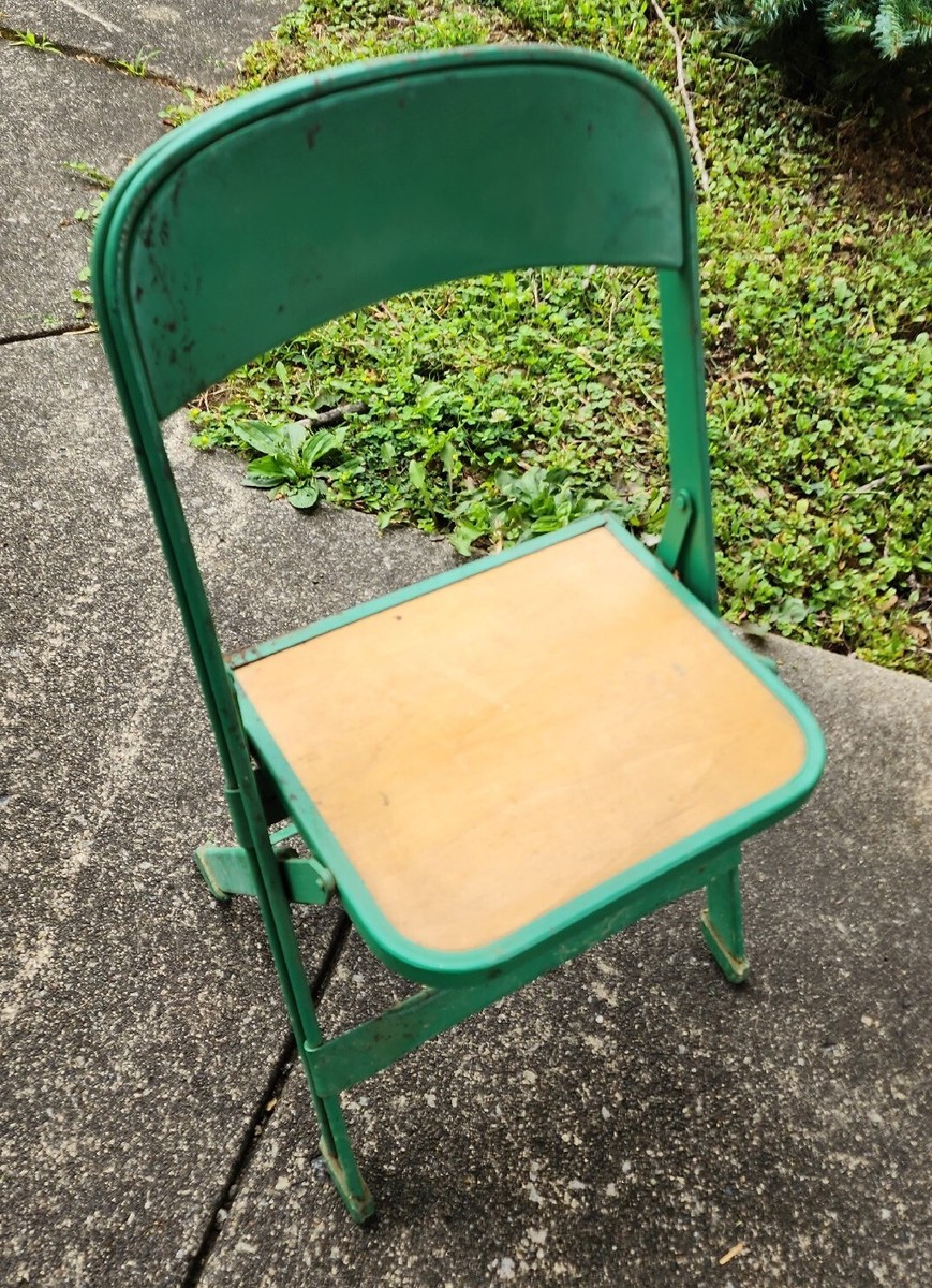 2 Vintage 1950s Industrial Metal Green Children's Folding 2 Vintage 1950s Industrial Metal Green Children's Folding