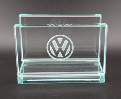RARE 3.5'' Vintage Etched Green Glass Volkswagen Top Dealer Business Card Holder
