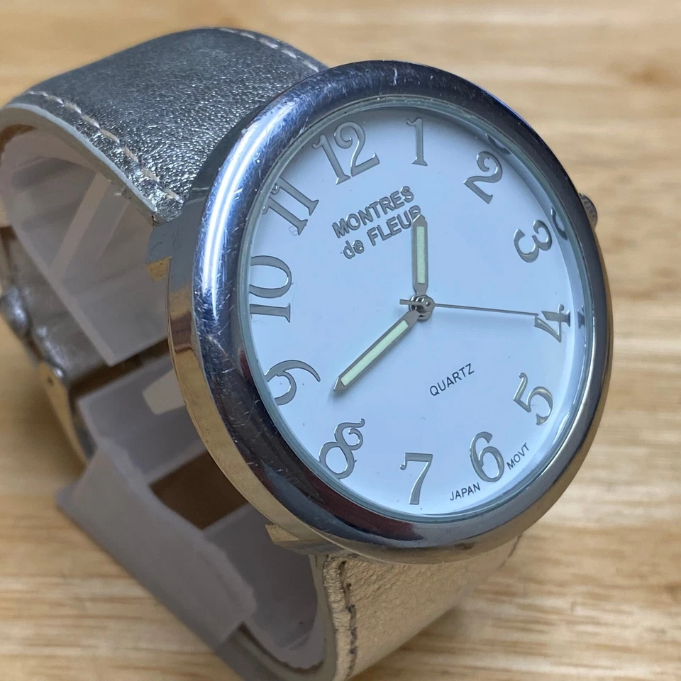 Reloj de cuarzo analógico Montres de Fleur unisex plateado blanco Japón Movt ~ batería nueva Foto 3 de 4