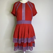Maje Mini Dress Flounced Ruffle Lace Short Sleeve Red Purple NWT Size 1 S Small