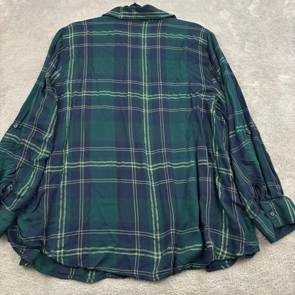 Camisa con botones a cuadros Faded Glory para mujer 2X azul verde plata ribete vacaciones Plus Foto 2 de 4