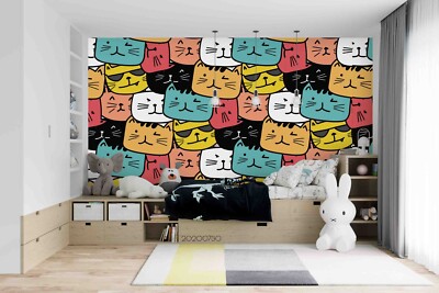 3D Cartoon Cat Head Pattern Color Self-adhesive Removeable Wallpaper Wall Mural