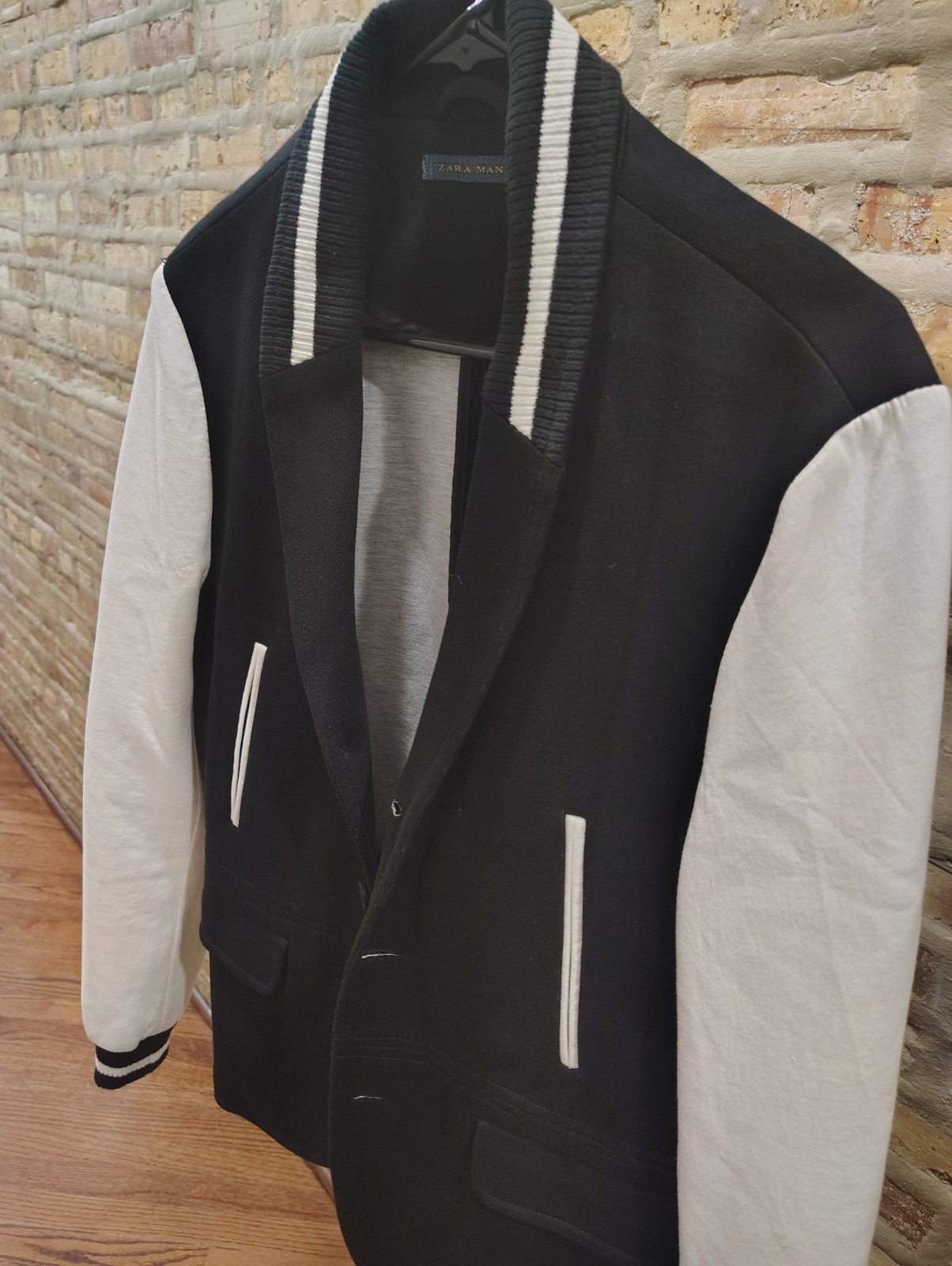 ZARA Man Varsity Jacket Blazer Combo Men’s Size Large black & white Very Rare image 9