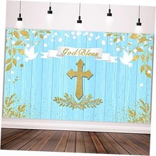 71 x 43 Inch God Bless Baptism Backdrop First Communion Party Blue Gold