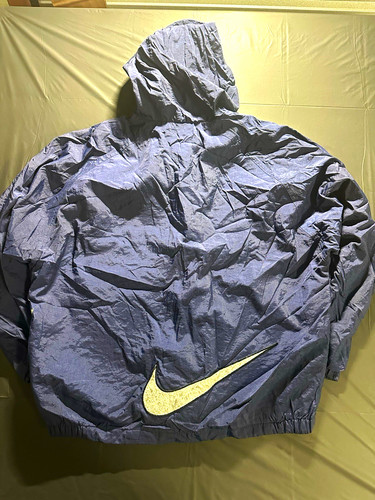 Vintage Nike XL Big Swoosh Windbreaker Jacket Navy Blue Hooded 90s Full Zip