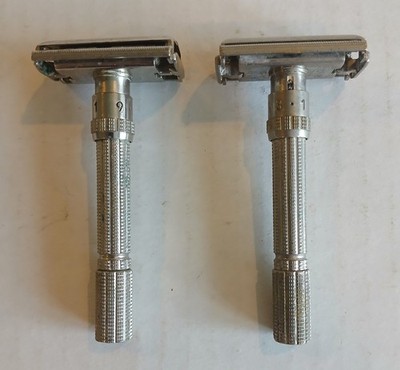 Lot of 2 Vintage Gillette Slim Adjustable Safety Razors 1-9 Dial 1960s K1 & H2