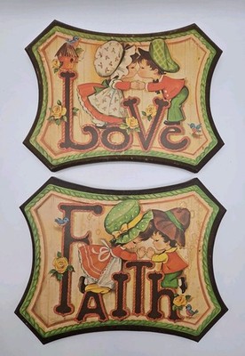Wooden Hanging Plagues Love & Faith  Boy & Girl Kissing & Praying Setof2 VTG 70s