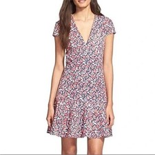 Tory Burch Floral Dress M Red Blue Fit Flare V Neck Cottagecore Calico Ponte