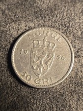 1956 Norway Norwegian 50 Ore Lion on Shield Monogram Coin 