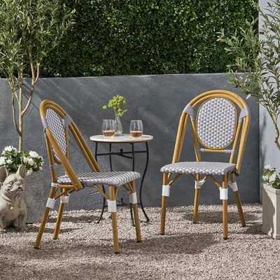 French White and Gray Wicker Outdoor Bistro Chair (2-Pack)