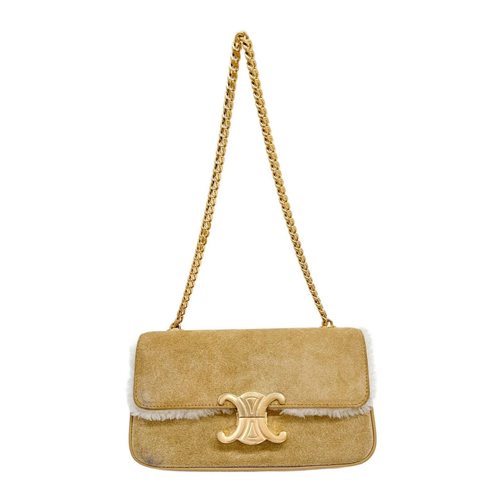 Celine — CELINE Triomphe Beige Suede with Boa Chain Shoulder Bag