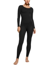 Womens Thermal Long Johns Set - Lightweight Base Layer Pajamas, Black, S