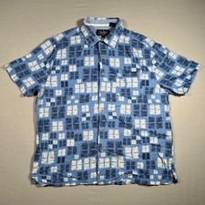 Nat Nast Mens Silk Cotton Blue Geometric Block Print Short Sleeve Shirt Large