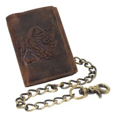RFID Blocking Trifold Charging Bull Biker Chain Wallet for Men Vintage Leather