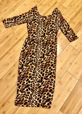 Leopard Print Stretch Body Con 3/4 Sleeve via Back Dress. Tea Length. Size S 4