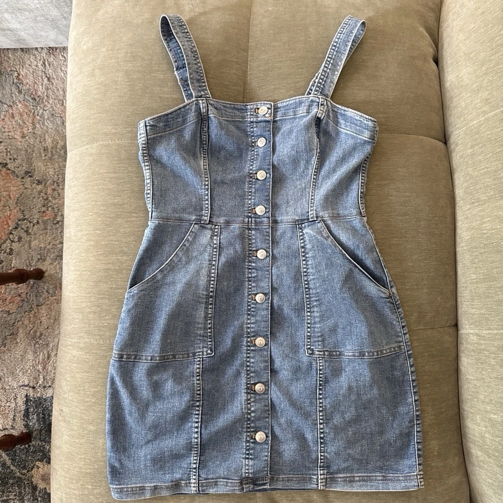 h&m conscious denim dress Ladies - Dark Denim Blue Buckle-detail Denim dress - Size: XS