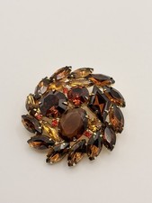 Vintage Juliana D&E Amber Topaz Rhinestone Brooch Pin Glass Gold Tone Brown Fall