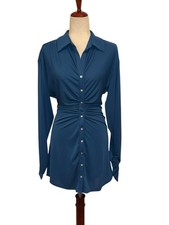 Cinq a Sept Arden Long Sleeve Ruched Mini Shirt Dress in Blue XS EUC