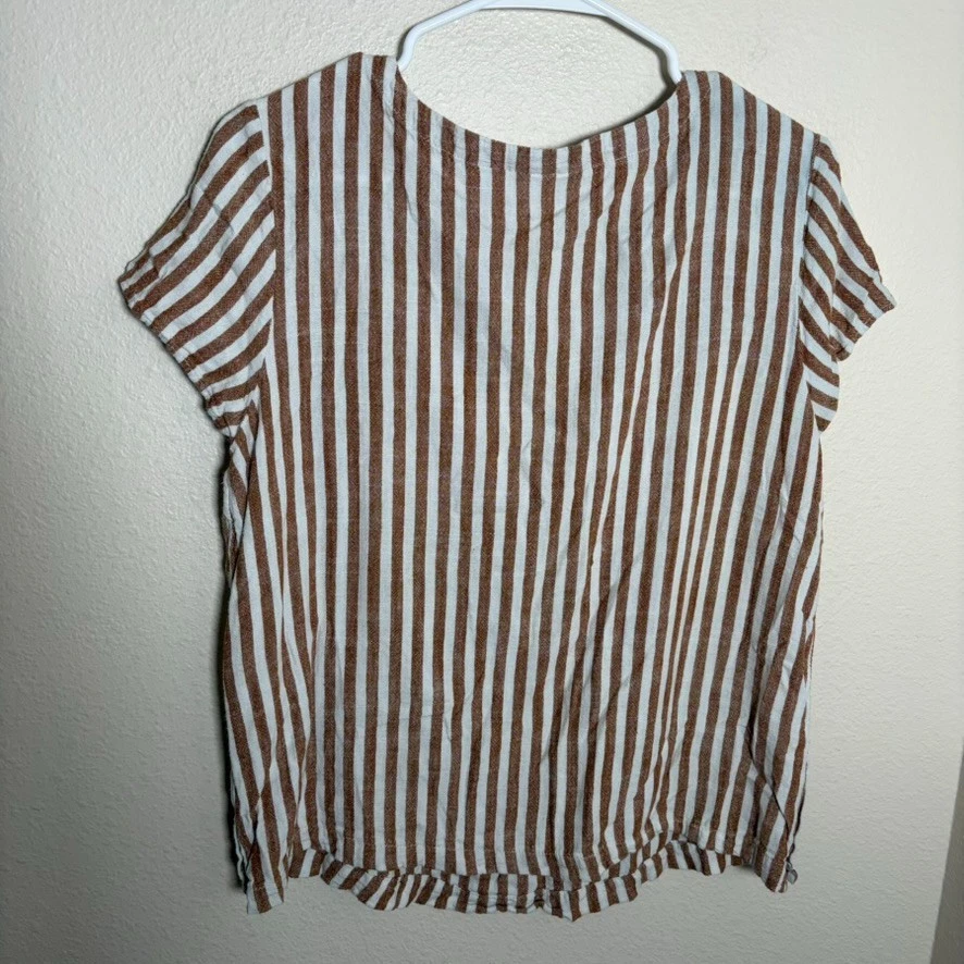 Camiseta informal Cynthia Rowley para mujer mediana marrón a rayas mezcla de lino Foto 2 de 4