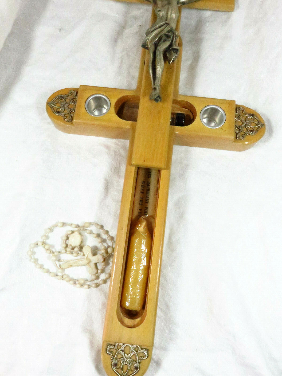 Vintage Catholic Sick Call Last Rites Crucifix Cross Holy Water Candle