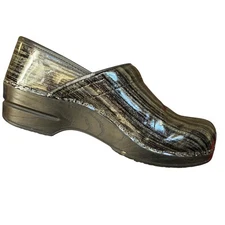 Sanita Black Gray Sparkle Stripe Patent Leather Nursing Clogs Womens 39 US 8