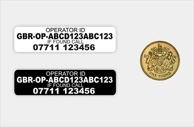 10x Operator ID & Phone No. stickers - drone, CAA Regulatory Labels,  Laminated - Image 1 of 2