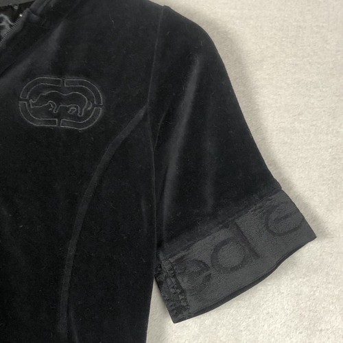 VTG Y2K ECKO Velour Hooded Jumpsuit Women's S Black S/S Zip Up Romper Streetwear - Picture 21 of 21