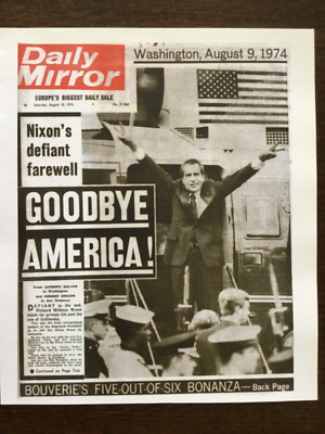 KLEINES POSTER/ZEITUNGSSEITE (8,5''x 7'') 1974 ''GOODBYE AMERICA'' NIXONS ABSCHIED