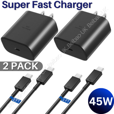 2 PACK 45W PD Super-Fast Wall Charge Block 3Ft USB-C Charger Cable for Samsung.