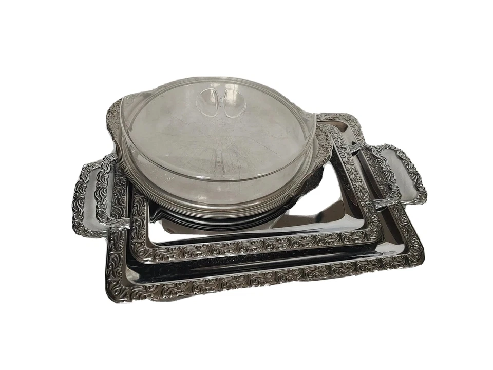 Serviertablett Set Silber WMF (2x rechteckig, 1x rund) mit Ornament