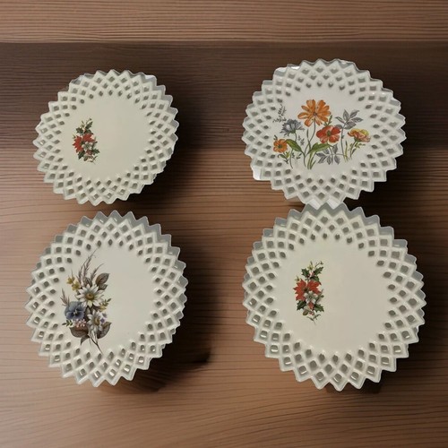 Vintage 4 Milk Glass Hand Painted Plates Lattice Edge W/Blossoms Signed