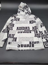 ADIDAS Repeat Logo Hoodie Pullover Sweatshirt Pocket Kids Size 6 White Black