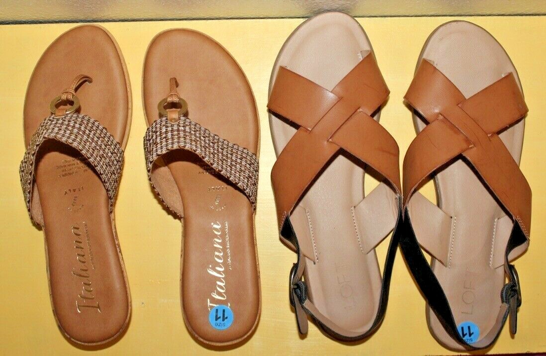 Lotto di 2 sandali da donna taglia 11: marchio LOFT & ITALIANA. Piatti slip on e zeppa