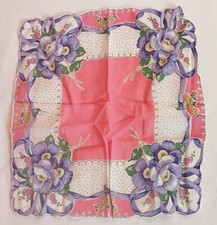 Vintage Woman's Handkerchief with Purple Flowers in Each Corner Scallops Edges