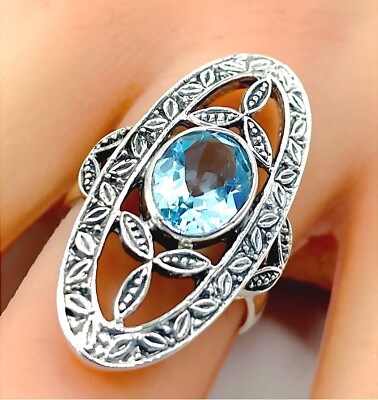 GENUINE 2 CARAT SKY BLUE TOPAZ 925 STERLING SILVER ANTIQUE STYLE RING ...