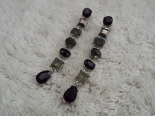 Silvertone Black Green Bead Pierced Earrings
