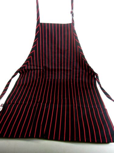 CHEF UNIFORMS "CHALK STRIPE RED"  ADJUSTABLE BIB BACK BLACK/RED APRON NEW - Afbeelding 1 van 6