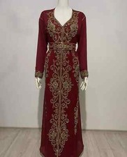 Maroon Dubai Abaya Handmade Kaftan Moroccan African New Formal Dress Fancy Long